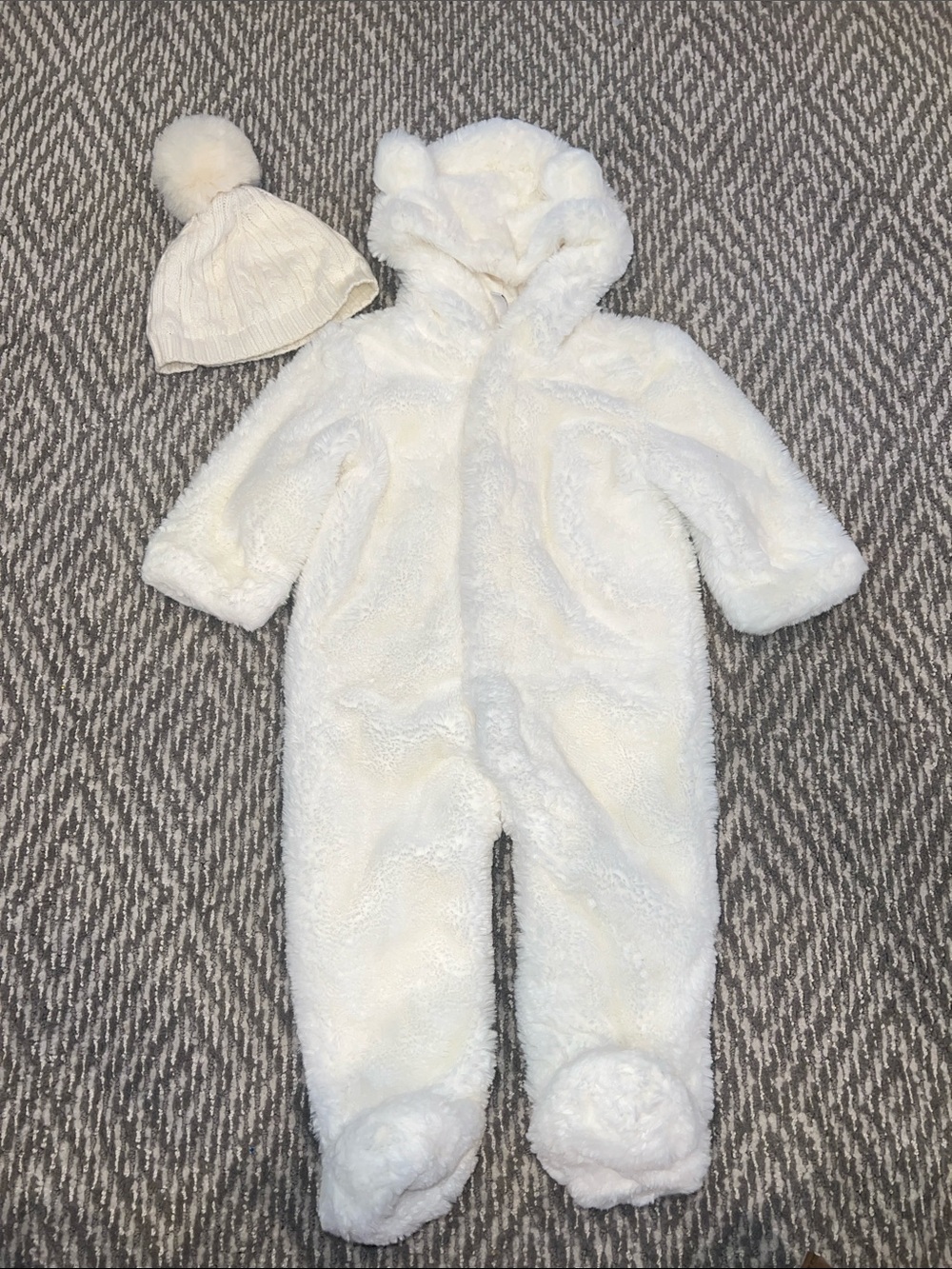 Janie and Jack Soft Cream faux fur Hooded footed One-Piece for baby